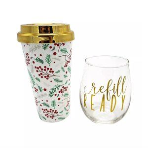 Melwood | NWT 2 Piece Holly Berry Acrylic Travel Mug & Wine Glass Set